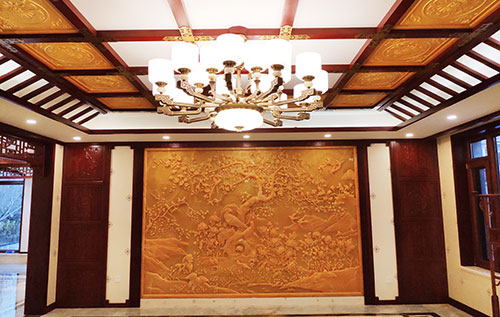 万江街道中式别墅客厅中式木作横梁吊顶装饰展示