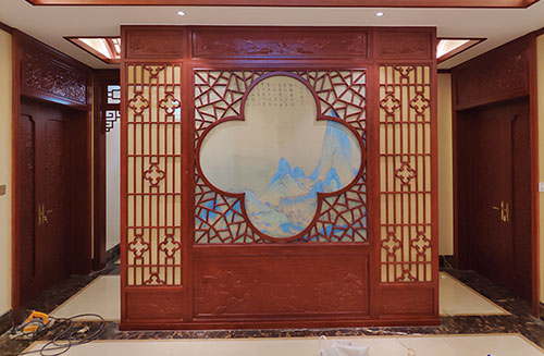 万江街道会所室内装修中式仿古实木屏风隔断展示